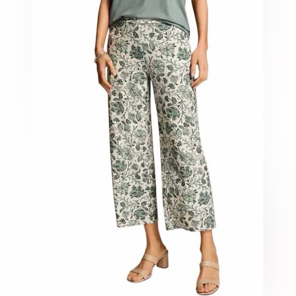 NWT J. Jill Floral Wide-Leg Cropped Pants Elastic Waist Pockets White Green S